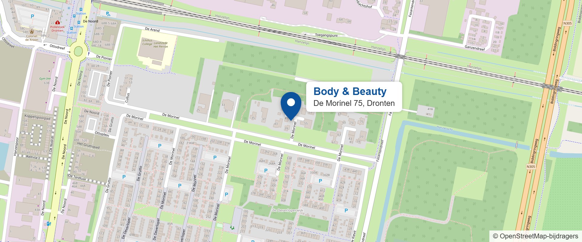 Kaart met de locatie van Body & Beauty, De Morinel 75 in Dronten. Klik om de route te plannen in Google Maps.